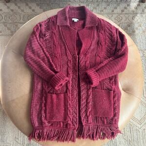 Sundance Boho Cable Knit Cardigan Coat Fringe Wool Cotton Blend, Women's XS